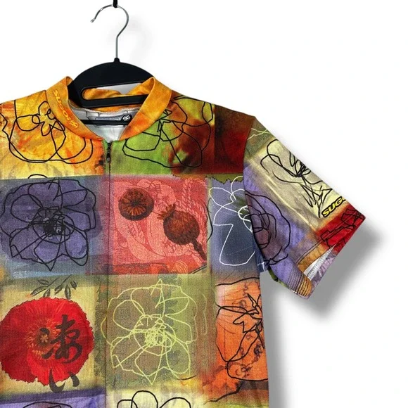Vintage SUGOI Cycling Jersey Floral Abstract Full Zip Short Sleeve Boho Size M - Picture 2 of 7